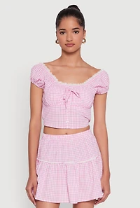Lace Detail Gingham Puff Sleeve Crop Top