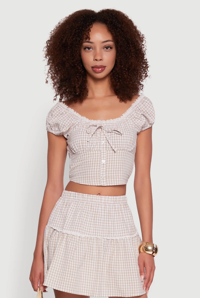 Womens Lace Detail Gingham Puff Sleeve Crop Top,