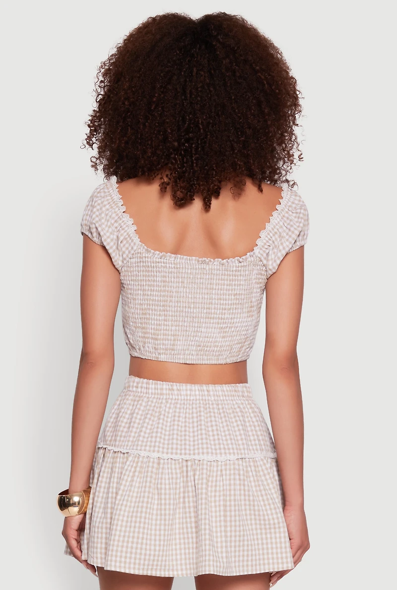 Womens Lace Detail Gingham Puff Sleeve Crop Top,