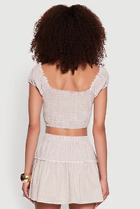 Womens Lace Detail Gingham Puff Sleeve Crop Top,