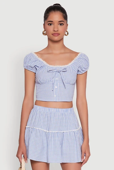 Womens Lace Detail Gingham Puff Sleeve Crop Top,