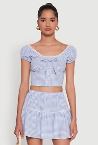 Lace Detail Gingham Puff Sleeve Crop Top