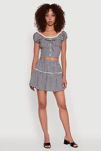 Womens Gingham Lace Trim Tiered Mini Skirt, Multi, Size M