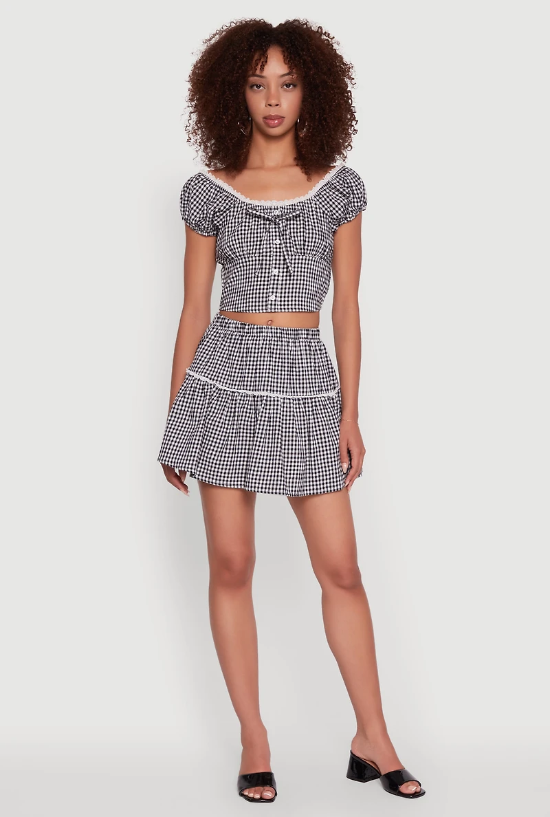 Gingham Lace Trim Tiered Mini Skirt