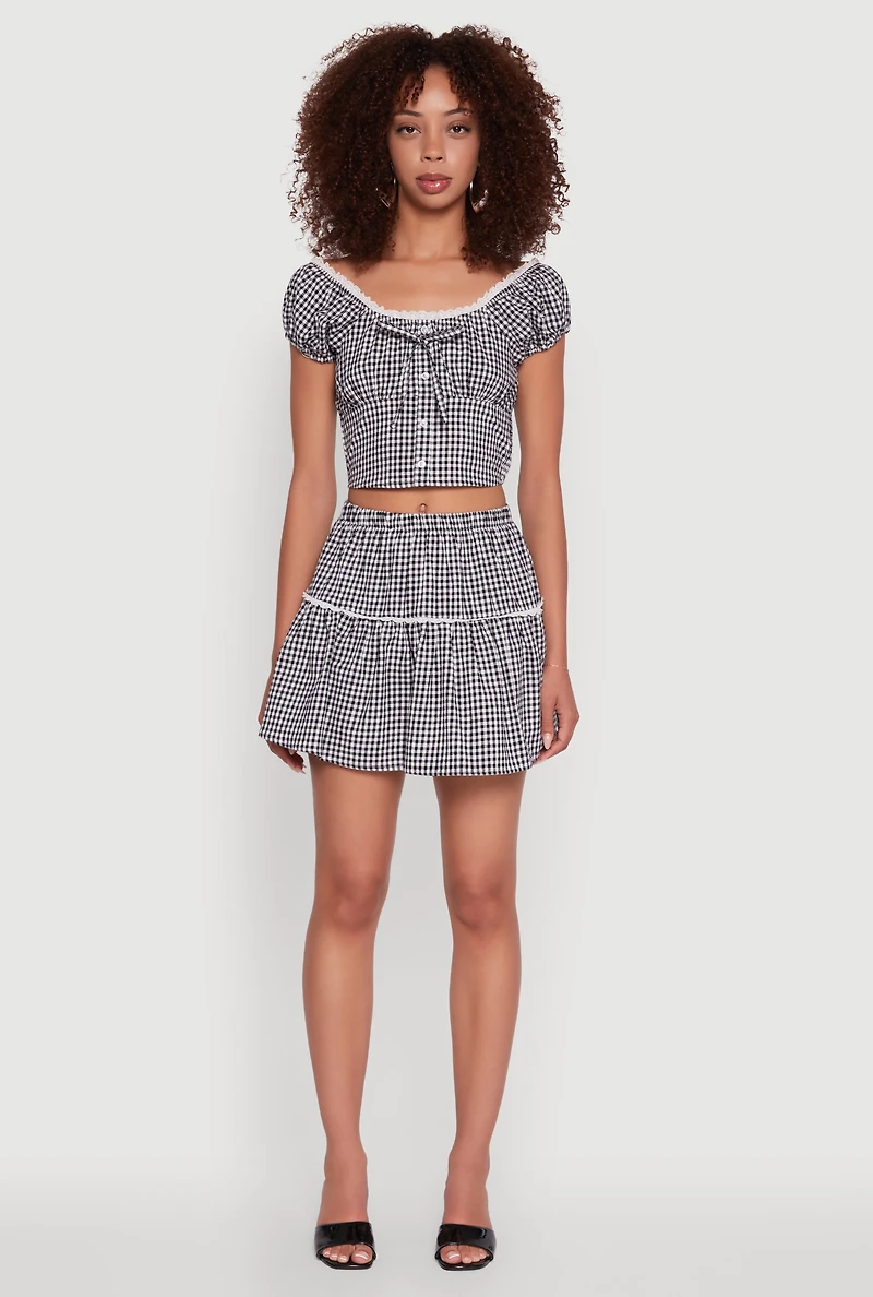 Womens Gingham Lace Trim Tiered Mini Skirt, Multi, Size M