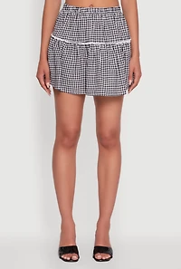 Womens Gingham Lace Trim Tiered Mini Skirt, Multi, Size M