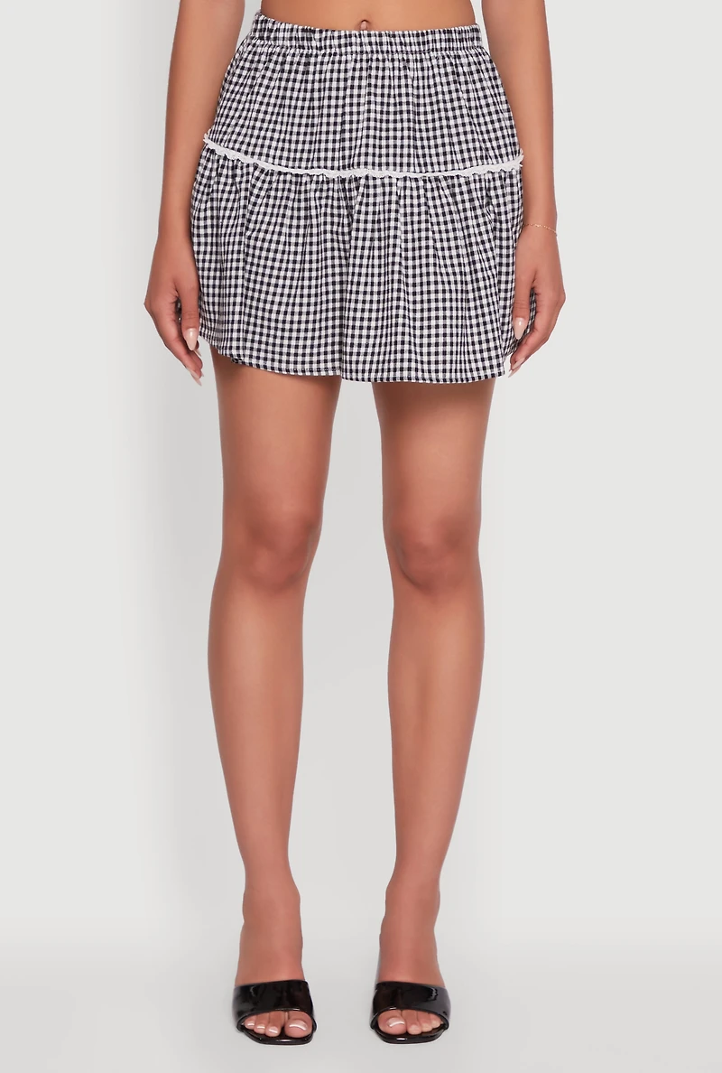 Womens Gingham Lace Trim Tiered Mini Skirt, Multi, Size M
