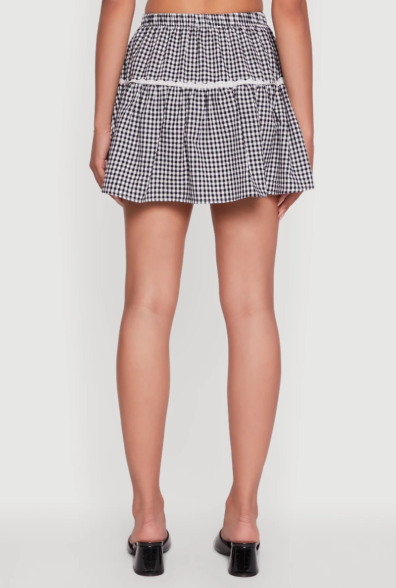 Womens Gingham Lace Trim Tiered Mini Skirt, Multi, Size M