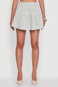Womens Gingham Lace Trim Tiered Mini Skirt, Green, Size S