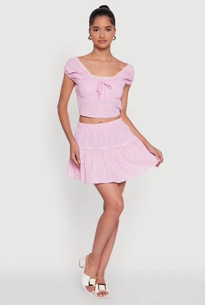Womens Gingham Lace Trim Tiered Mini Skirt, Pink, Size S