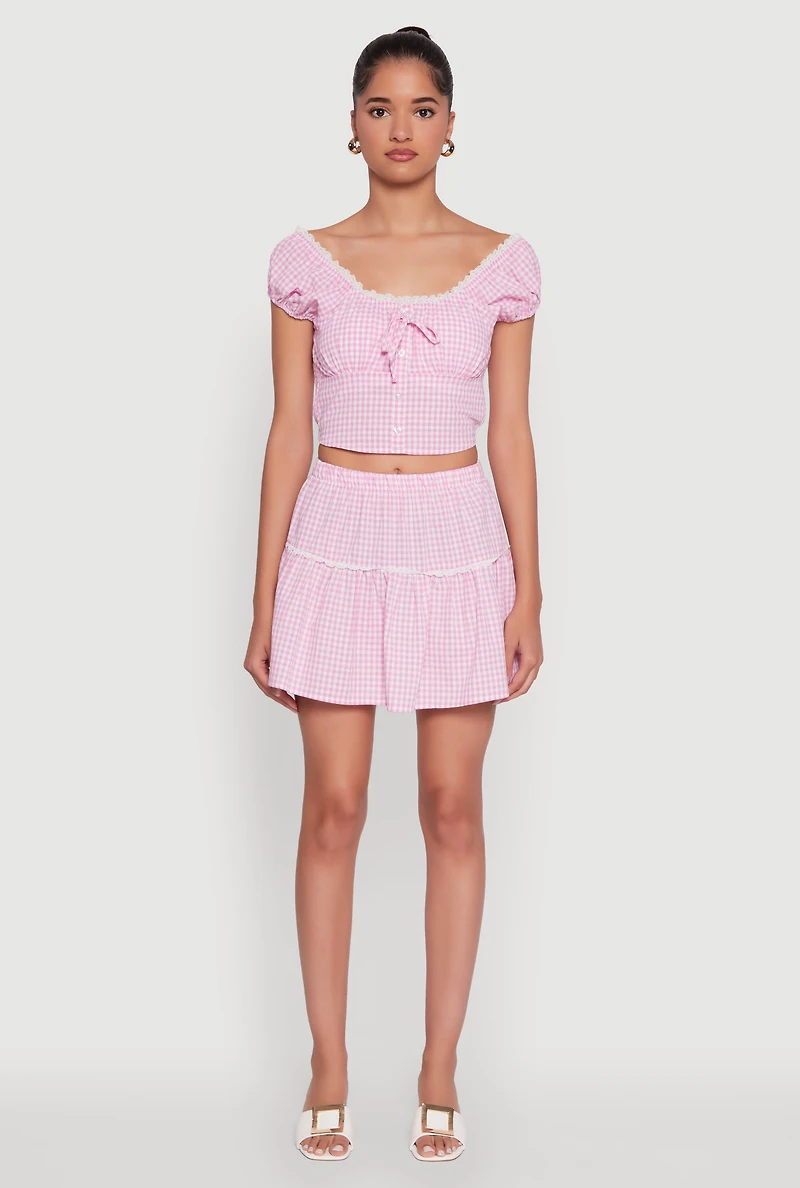 Womens Gingham Lace Trim Tiered Mini Skirt, Pink, Size S