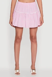Womens Gingham Lace Trim Tiered Mini Skirt, Pink, Size S
