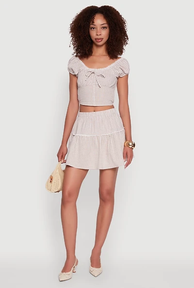 Womens Gingham Lace Trim Tiered Mini Skirt, L