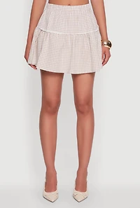 Womens Gingham Lace Trim Tiered Mini Skirt, Khaki, Size S