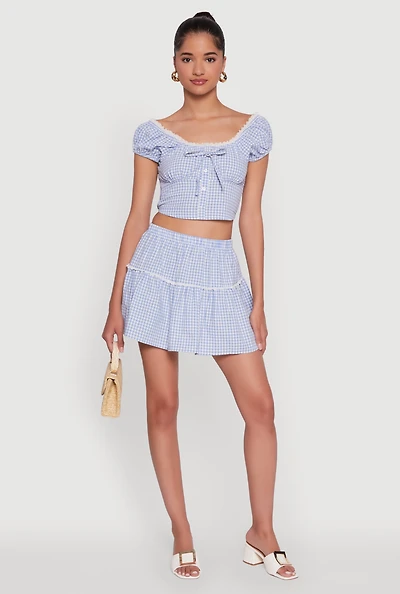 Womens Gingham Lace Trim Tiered Mini Skirt, L