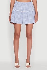 Womens Gingham Lace Trim Tiered Mini Skirt, L