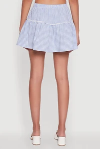 Womens Gingham Lace Trim Tiered Mini Skirt, L