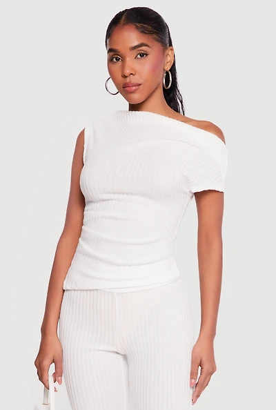 One Shoulder Rib Knit Side Ruched Blouse