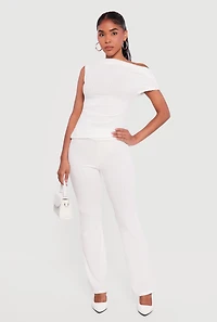 One Shoulder Rib Knit Side Ruched Blouse