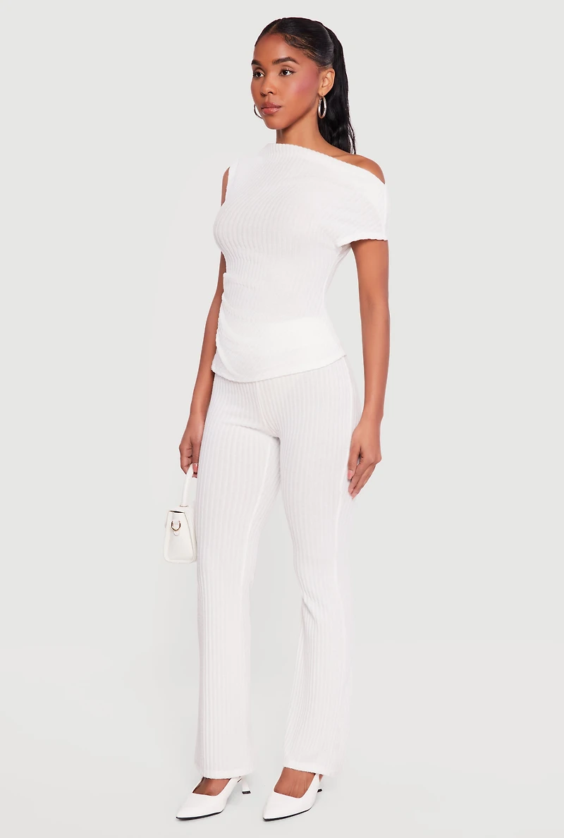 One Shoulder Rib Knit Side Ruched Blouse