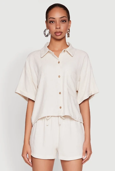 Womens Iris Linen Boxy Button Front Shirt, Beige,