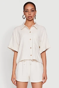 Womens Iris Linen Boxy Button Front Shirt, Beige,