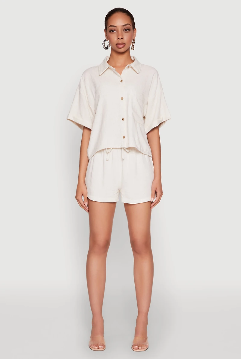 Womens Iris Linen Boxy Button Front Shirt, Beige, Size M