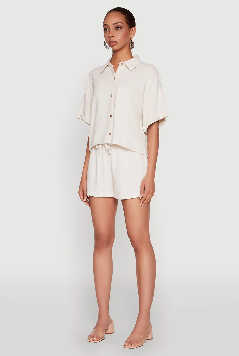 Womens Iris Linen Boxy Button Front Shirt, Beige, Size M