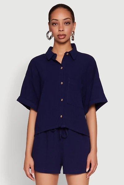 Womens Iris Linen Boxy Button Front Shirt, Blue, Size S