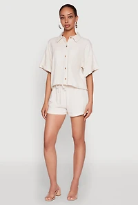 Womens Iris Linen Drawstring Shorts, Khaki,