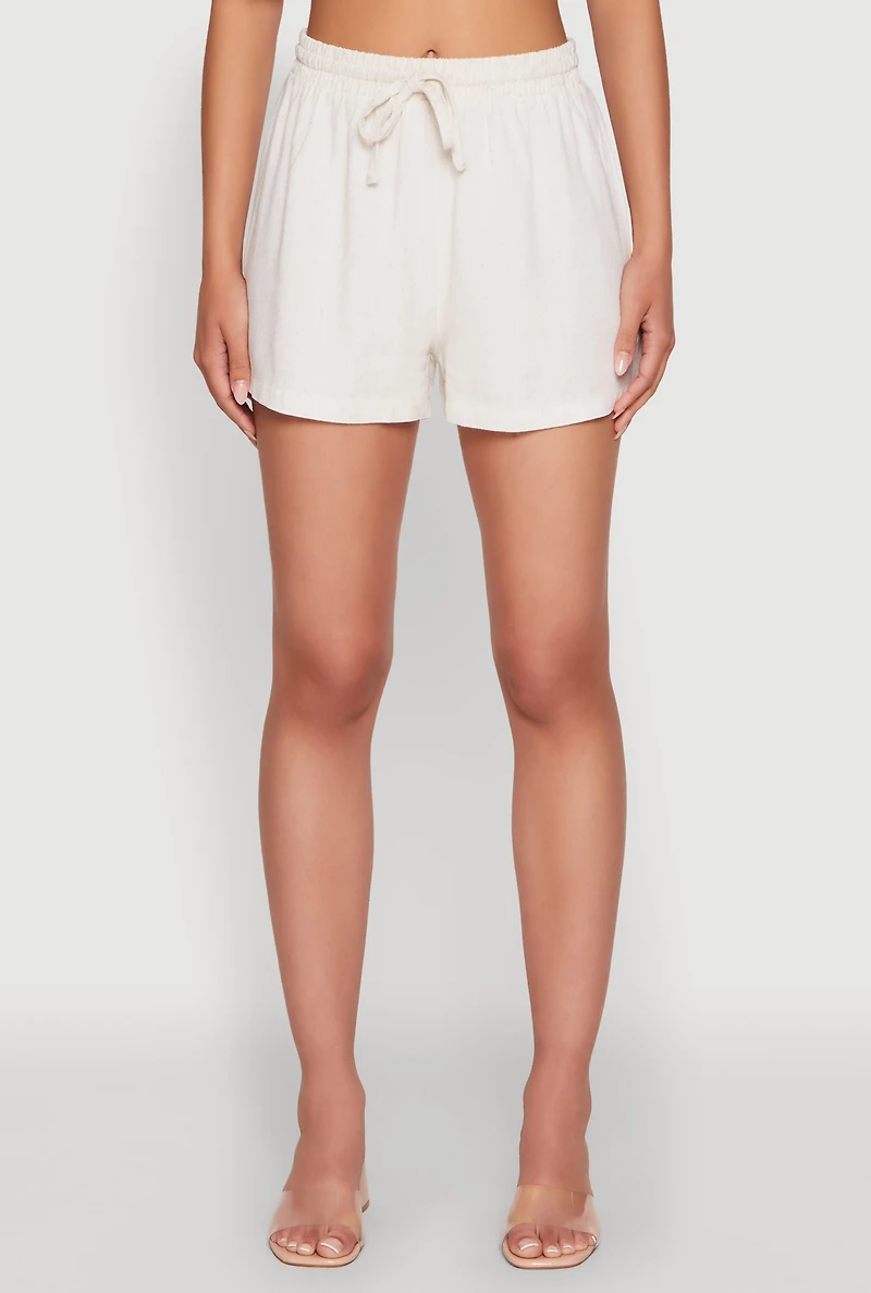 Womens Iris Linen Drawstring Shorts, Khaki,