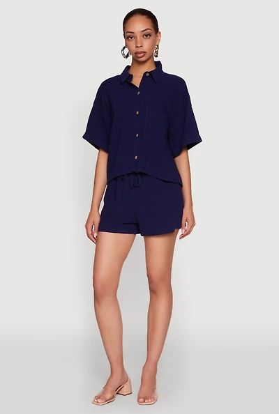 Womens Iris Linen Drawstring Shorts, Blue, Size S