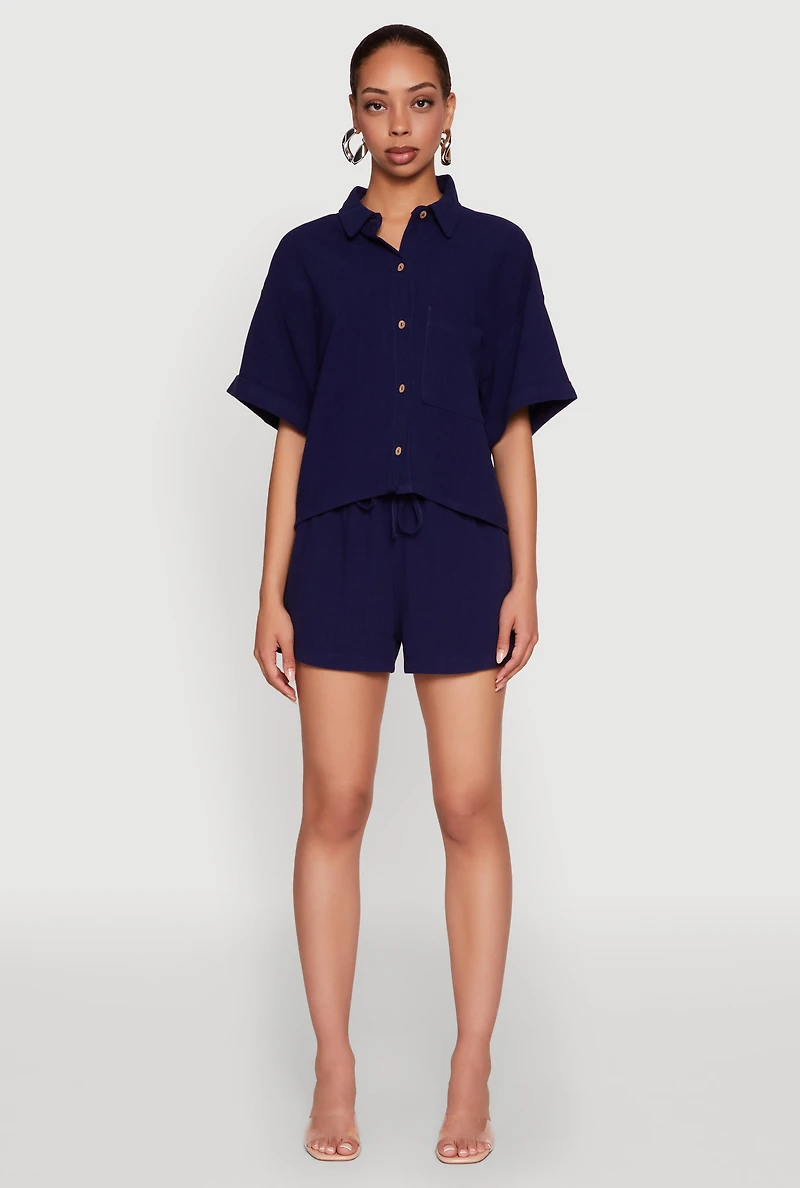 Womens Iris Linen Drawstring Shorts, Blue, Size S