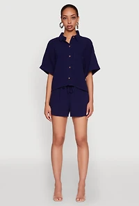 Womens Iris Linen Drawstring Shorts, Blue, Size S