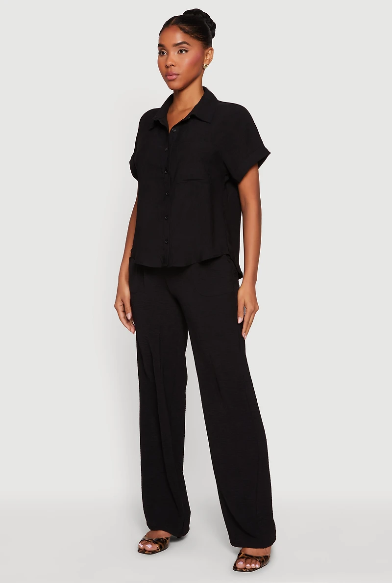 Button Front Crepe Knit Short Sleeve Shirt