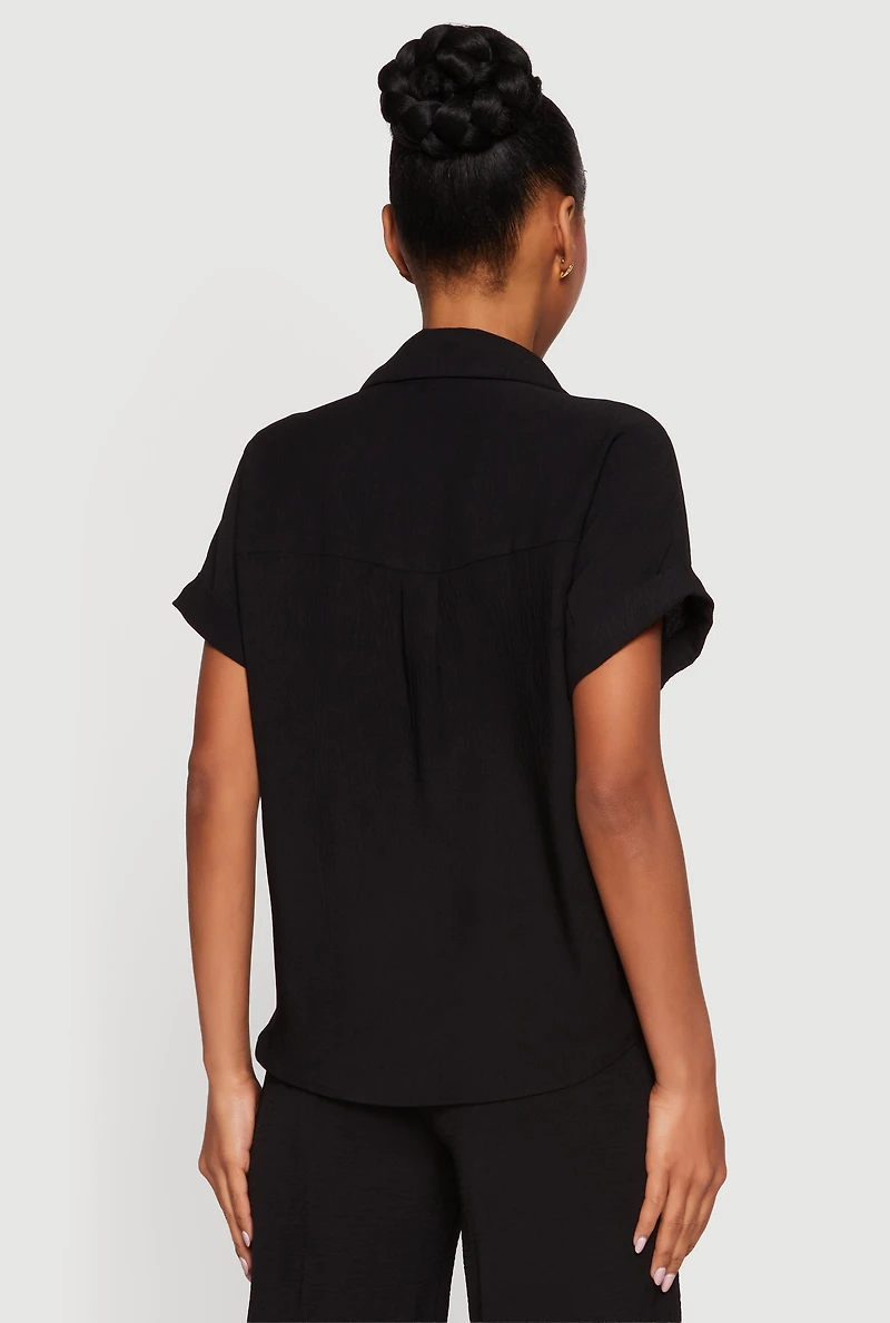 Button Front Crepe Knit Short Sleeve Shirt
