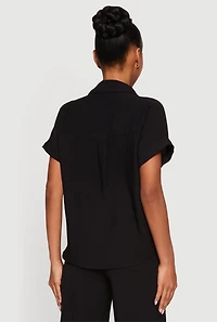 Button Front Crepe Knit Short Sleeve Shirt
