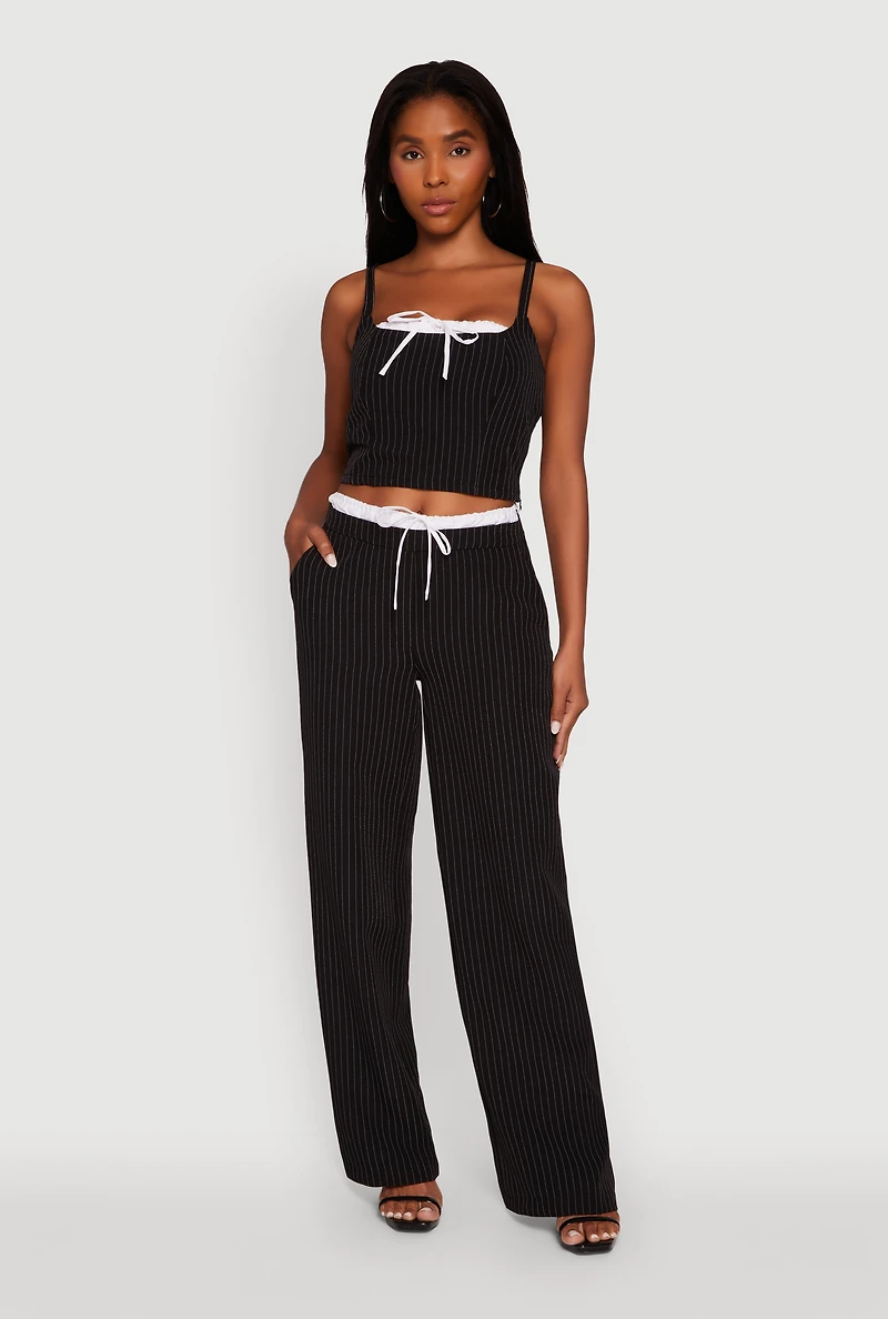 Womens Iris Pinstripe High Waisted Wide Leg Pants with Tie Front, L