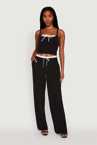 Womens Iris Pinstripe High Waisted Wide Leg Pants with Tie Front, L