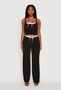 Womens Iris Pinstripe High Waisted Wide Leg Pants with Tie Front, L