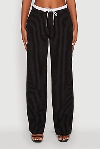 Womens Iris Pinstripe High Waisted Wide Leg Pants with Tie Front, L
