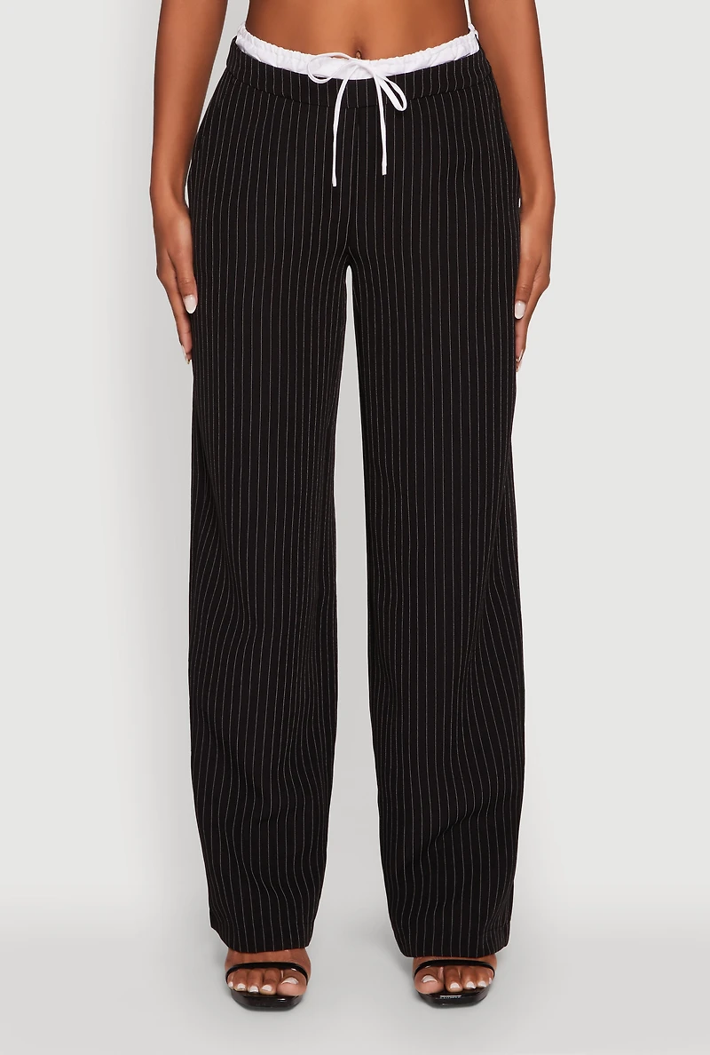 Womens Iris Pinstripe High Waisted Wide Leg Pants with Tie Front, Black, Size M