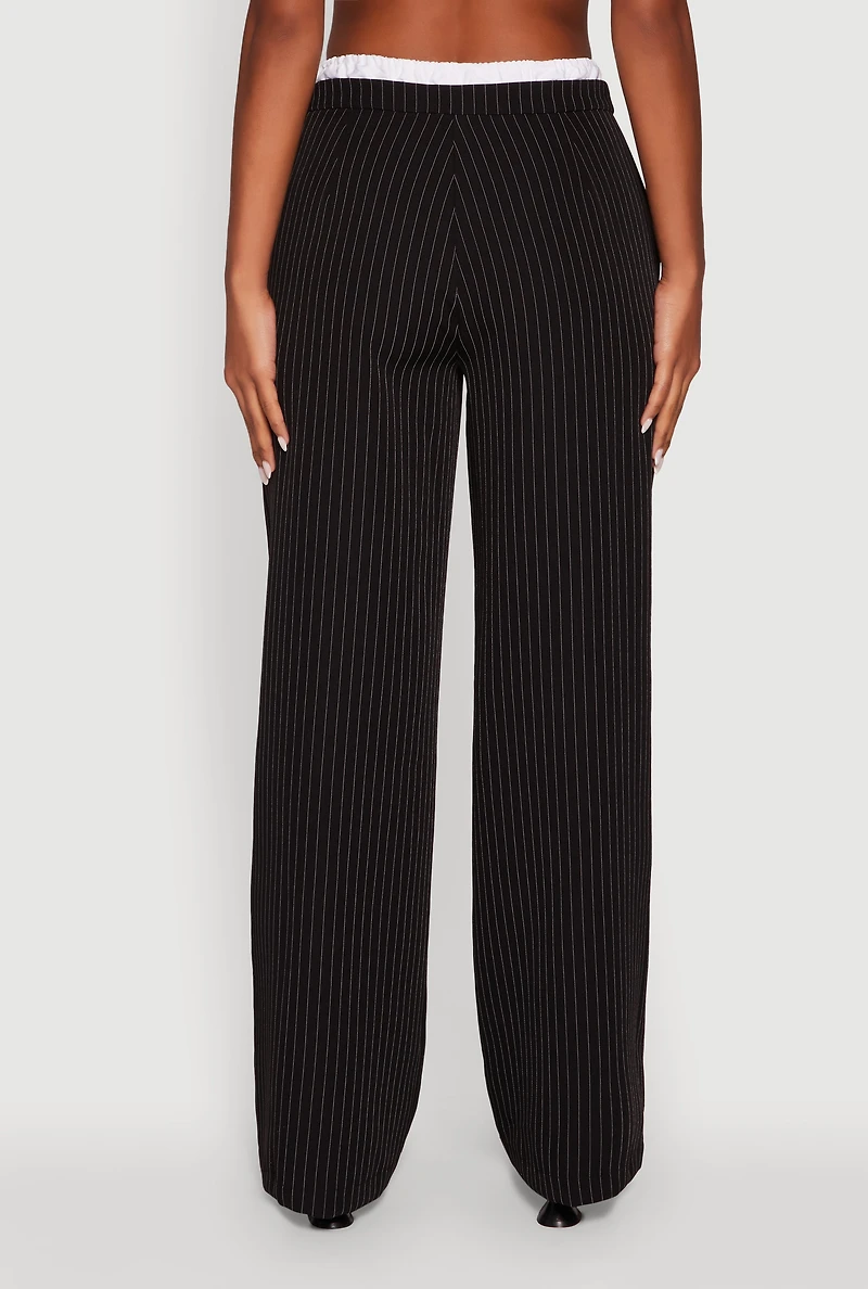Womens Iris Pinstripe High Waisted Wide Leg Pants with Tie Front, Black, Size M