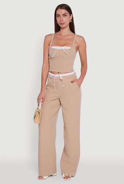 Womens Iris Pinstripe High Waisted Wide Leg Pants with Tie Front, Khaki,