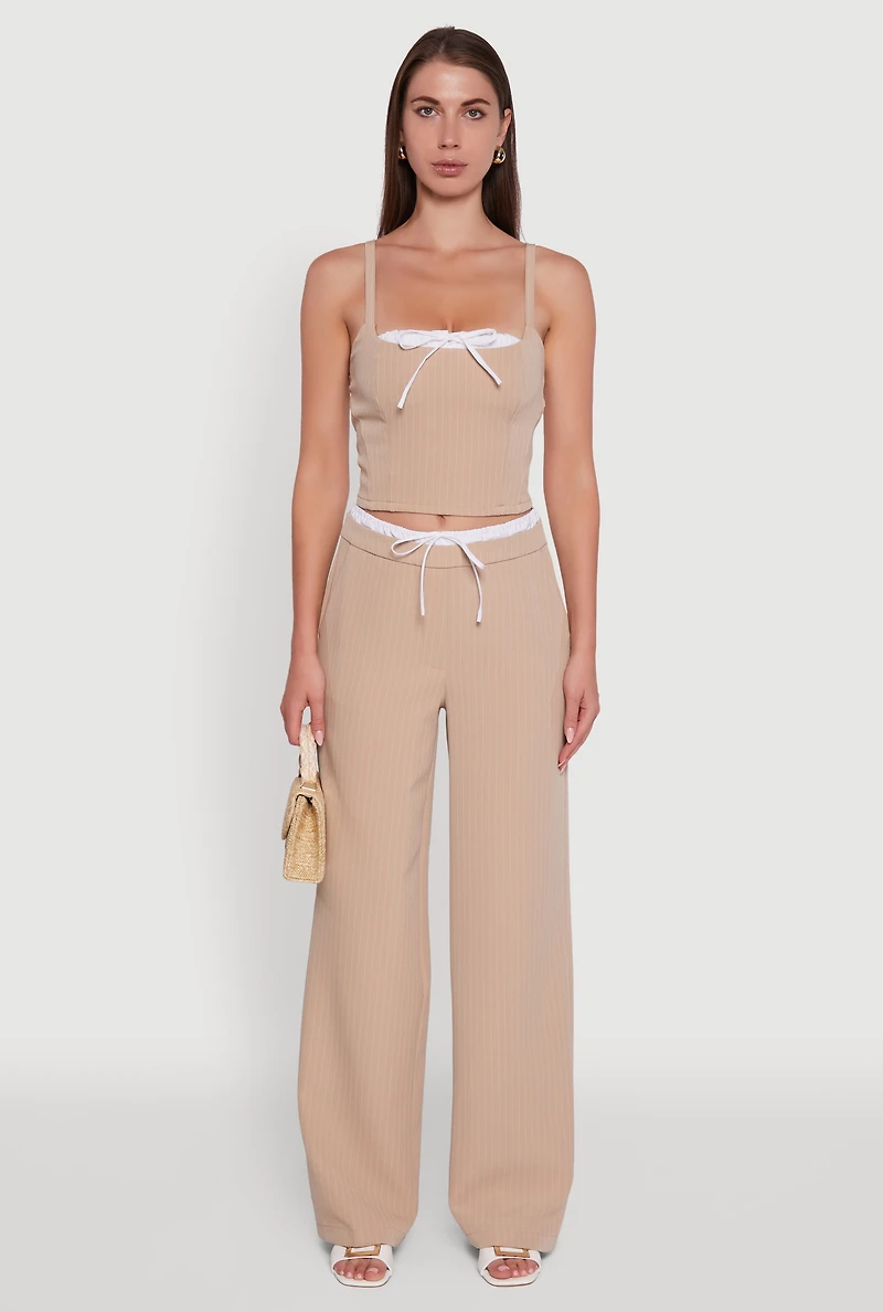 Womens Iris Pinstripe High Waisted Wide Leg Pants with Tie Front, Khaki, Size L