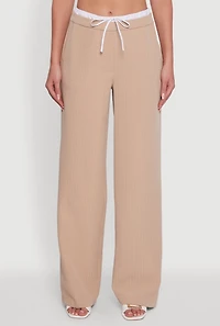 Womens Iris Pinstripe High Waisted Wide Leg Pants with Tie Front, Khaki,