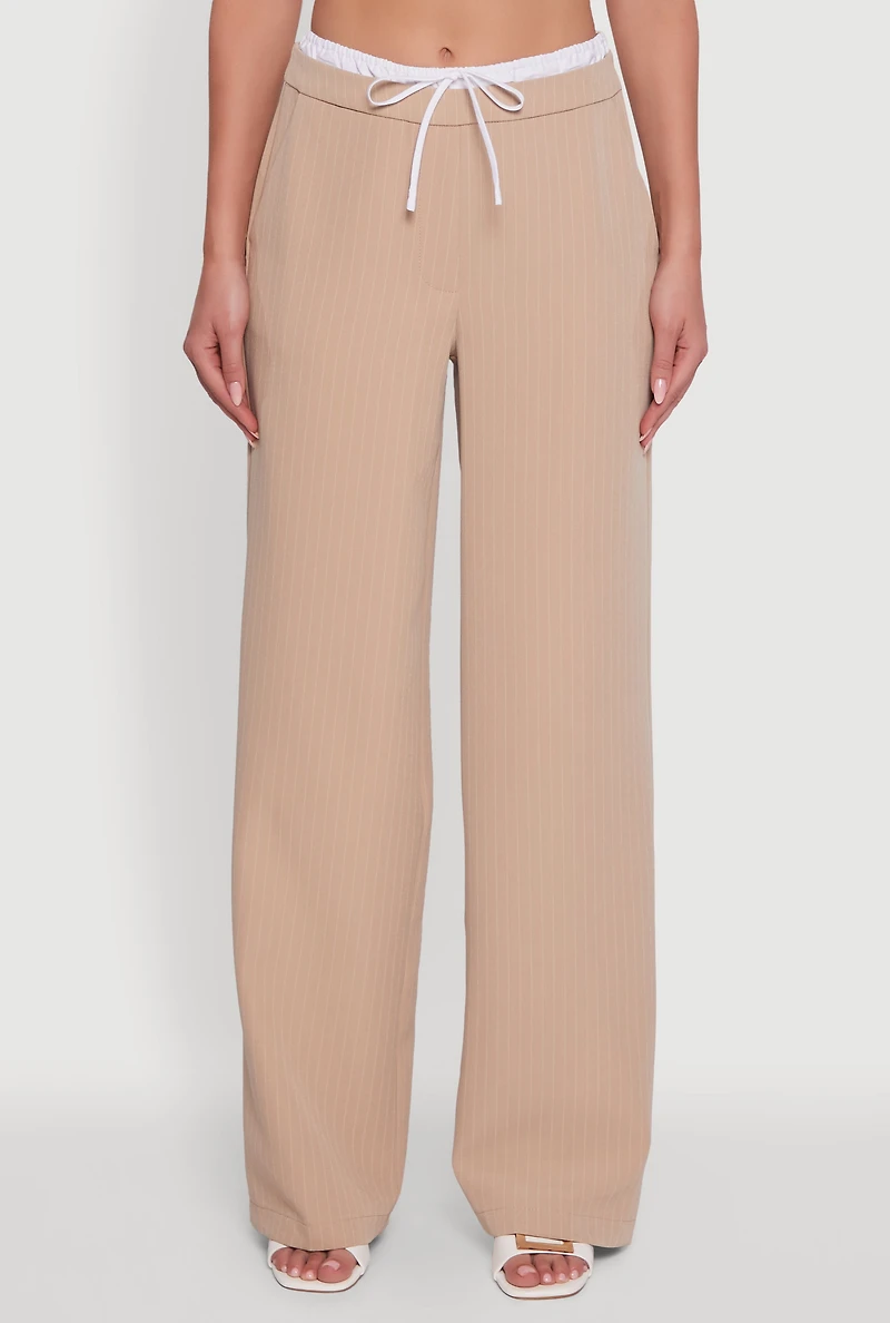 Womens Iris Pinstripe High Waisted Wide Leg Pants with Tie Front, Khaki, Size S