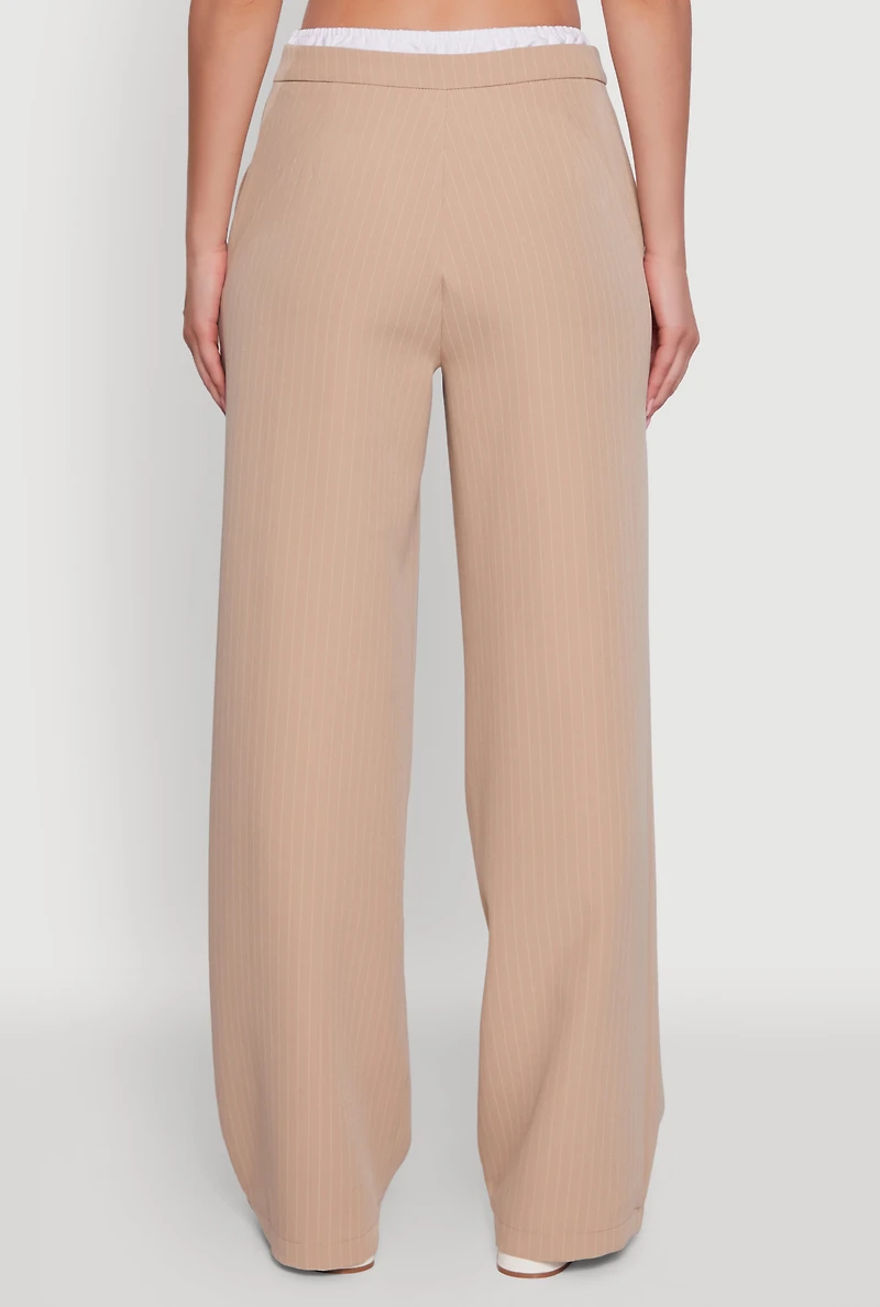 Womens Iris Pinstripe High Waisted Wide Leg Pants with Tie Front, Khaki,