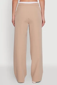 Womens Iris Pinstripe High Waisted Wide Leg Pants with Tie Front, Khaki,