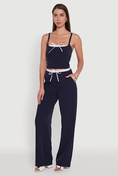 Womens Iris Pinstripe High Waisted Wide Leg Pants with Tie Front, S